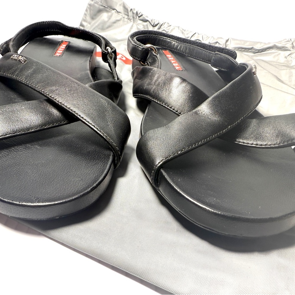 Prada  Velcro Fastening Black Criss Cross Leather Sandals. Size 7 - Picture 5 of 10